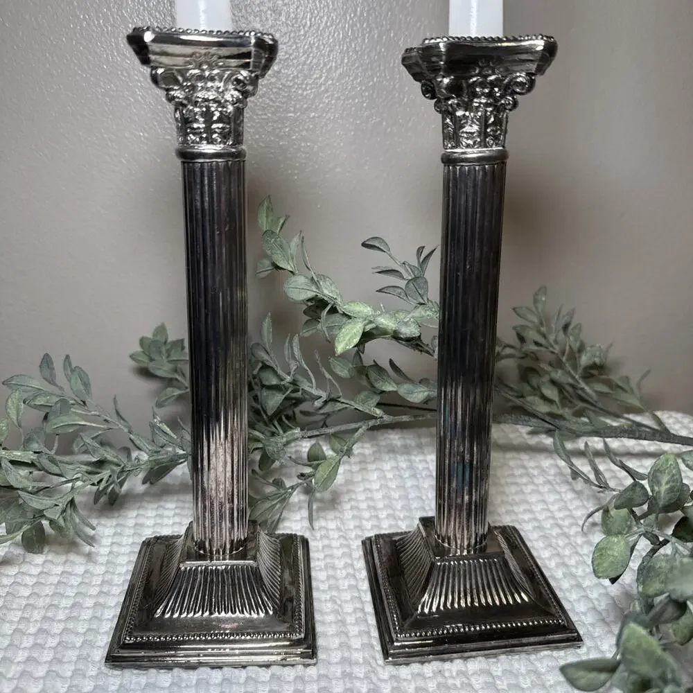Pair 10” Vintage E.B. Rogers Silverplate Corinthian Column Candlesticks Heavy